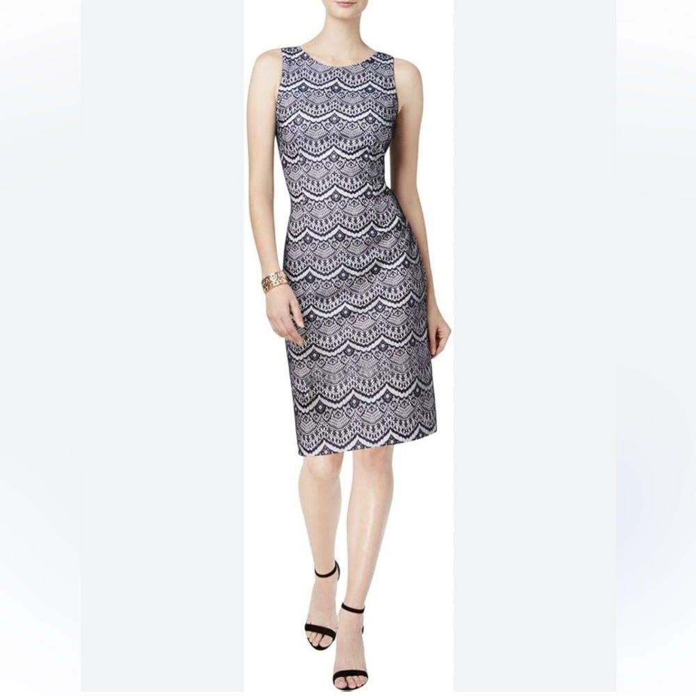 Jessica Simpson Dress Size 12 Navy Blue / White Scalloped Lace Sleeveless NEW